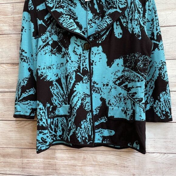 CHICOS SILK BLEND SWEATER IN TEAL PRINT - Picture 3 of 5